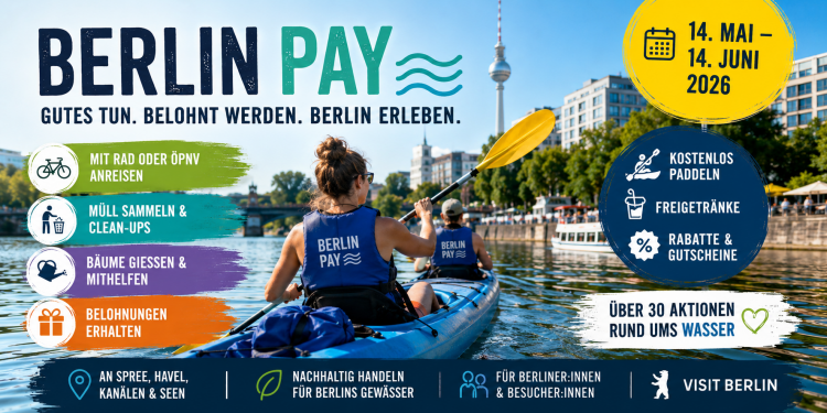 BerlinPay 2026 in Berlin mit kostenlos paddeln auf der Spree Freigetränken Rabatten Clean-ups und nachhaltigen Wasseraktionen