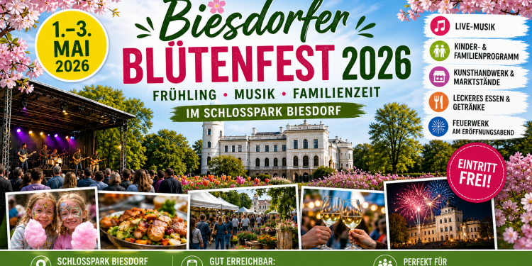 Biesdorfer Blütenfest 2026 im Schlosspark Biesdorf mit Schloss, Frühlingsblüten, Musik, Marktständen und Familienprogramm.