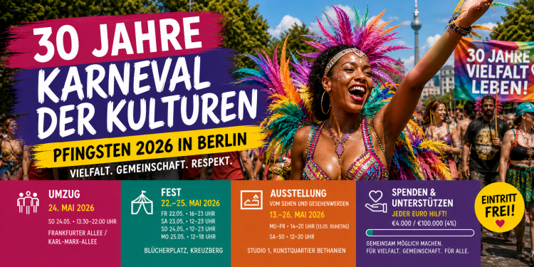 Karneval der Kulturen 2026 in Berlin mit buntem Umzug, Straßenfest am Blücherplatz, Musik, Tanz, Kostümen und 30 Jahre Jubiläum.