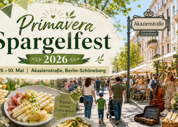 Primavera Spargelfest 2026 auf der Akazienstraße in Berlin-Schöneberg mit Spargel, Street Food, Kunsthandwerk, Kinderprogramm und Frühlingsstimmung.