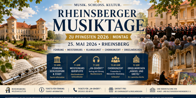 Rheinsberger Musiktage zu Pfingsten 2026 mit Schlosspark Führung Chorkonzert und Orgelmärchen
