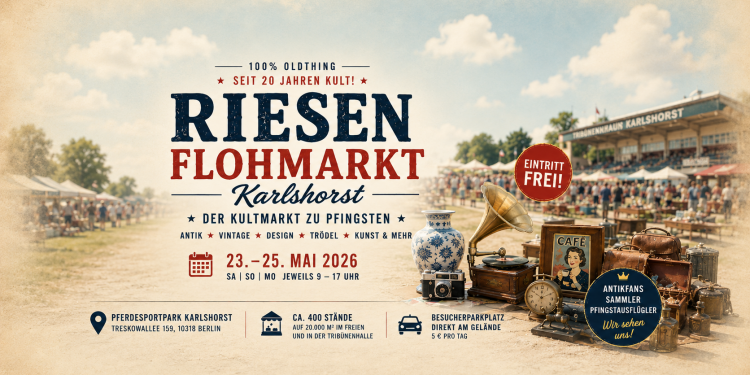 Riesenflohmarkt Karlshorst 2026 auf der Trabrennbahn Berlin mit Antiquitäten Vintage Trödel und Besuchern zu Pfingsten