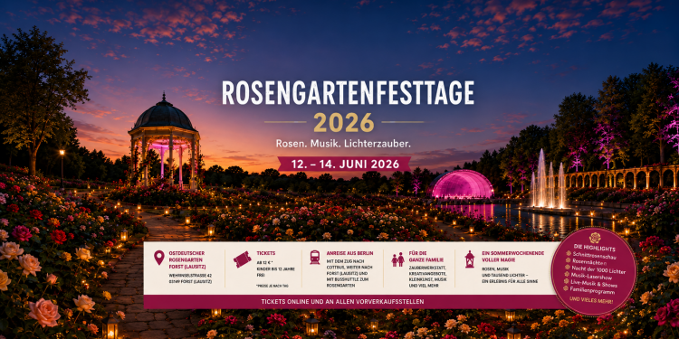 Rosengartenfesttage 2026 im Ostdeutschen Rosengarten Forst mit Rosen Lichtern Musik und Lasershow