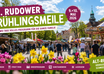Rudower Frühlingsmeile 2026 in Alt-Rudow mit Street Food, Bühnenprogramm, Lasershow, Kunsthandwerk, Kinderprogramm und Besuchern auf der Krokusstraße.
