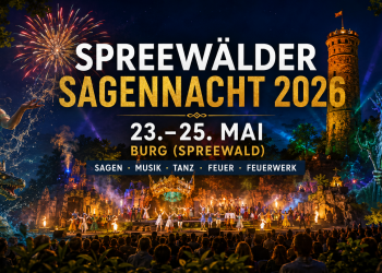 Spreewälder Sagennacht 2026 in Burg Spreewald mit Open Air Bühne Bismarckturm Sagenwelt und Feuerwerk