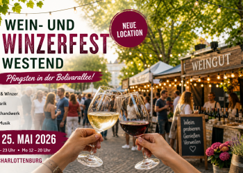 Wein- und Winzerfest Westend 2026 in der Bolivarallee mit Weinständen, kleinen Weingütern, Kunsthandwerk, Streetfood und Live-Musik zu Pfingsten in Berlin