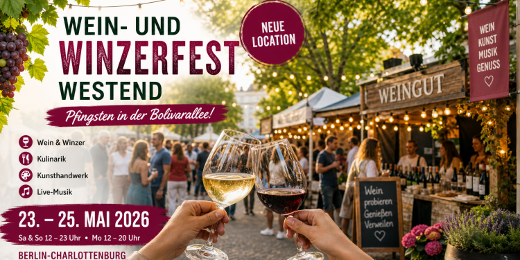 Wein- und Winzerfest Westend 2026 in der Bolivarallee mit Weinständen, kleinen Weingütern, Kunsthandwerk, Streetfood und Live-Musik zu Pfingsten in Berlin