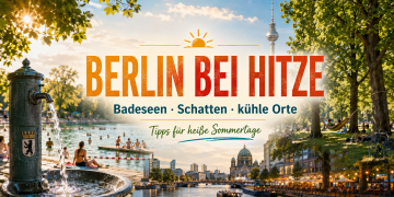 Sommerliche Berlin-Collage mit Trinkbrunnen, Badesee, schattigem Park, Spree und Fernsehturm