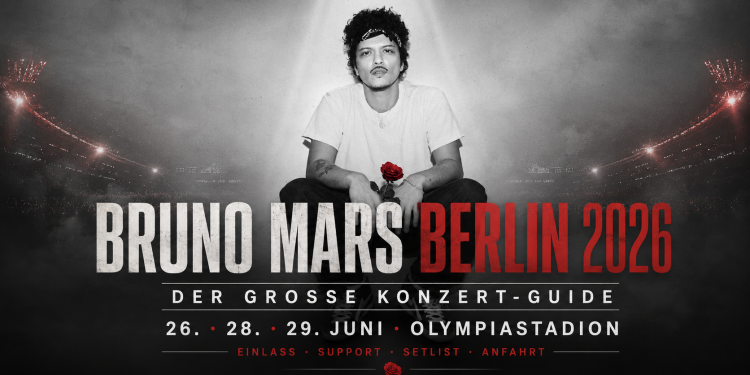 Schwarz-weißes Bruno-Mars-Porträt mit roter Rose vor einer Stadionkulisse zum Berliner Konzert-Guide 2026