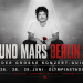 Schwarz-weißes Bruno-Mars-Porträt mit roter Rose vor einer Stadionkulisse zum Berliner Konzert-Guide 2026