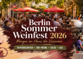 Collage zum Berlin Sommer Weinfest 2026 mit Weinverkostung, Besuchern und DJ im Haus der Visionäre
