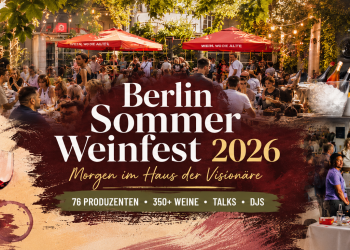 Collage zum Berlin Sommer Weinfest 2026 mit Weinverkostung, Besuchern und DJ im Haus der Visionäre