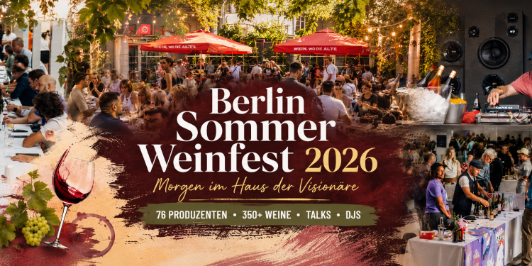 Collage zum Berlin Sommer Weinfest 2026 mit Weinverkostung, Besuchern und DJ im Haus der Visionäre