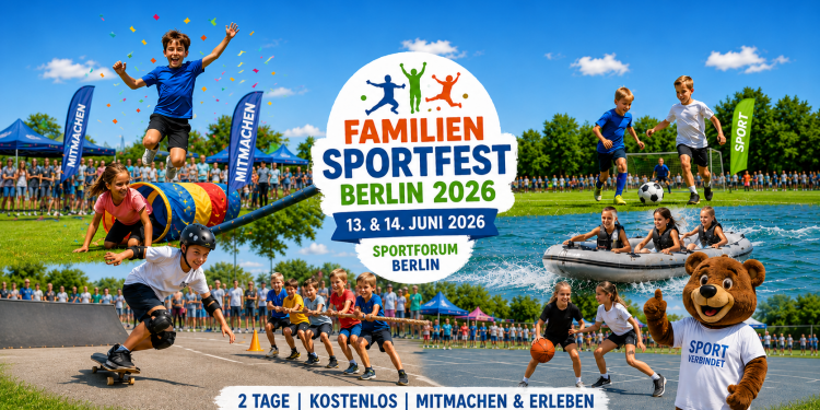 Familiensportfest Berlin 2026 im Sportforum Berlin mit Kindern beim Laufen, Skaten, Fußball, Basketball, Wasseraktion und kostenlosen Mitmachangeboten