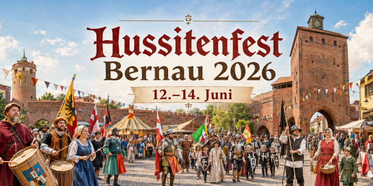 Hussitenfest Bernau 2026 mit mittelalterlichem Festumzug, historischen Kostümen, Stadtmauer, Steintor und Feststimmung