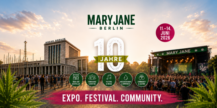 Mary Jane Berlin 2026 Beitragsbild mit Messe Berlin, Festivalbühne, Publikum und 10-Jahre-Jubiläum der Cannabis-Expo