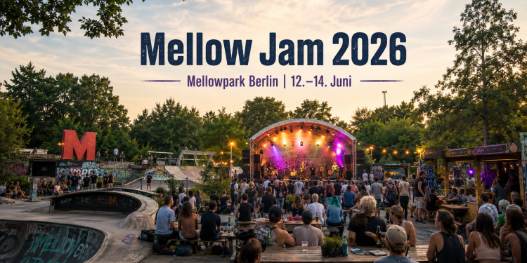 Mellow Jam 2026 im Mellowpark Berlin mit Bühne, Publikum, Skatepark, Graffiti, Rampen und Festivalstimmung bei Sonnenuntergang