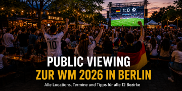 Public Viewing zur Fußball-WM 2026 in einem Berliner Biergarten mit großer Leinwand, Deutschland-Fans, Fahnen und sommerlicher Abendstimmung