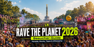 Rave The Planet Parade 2026 in Berlin auf der Straße des 17. Juni mit Floats, Techno, Raver-Crowd und Brandenburger Tor