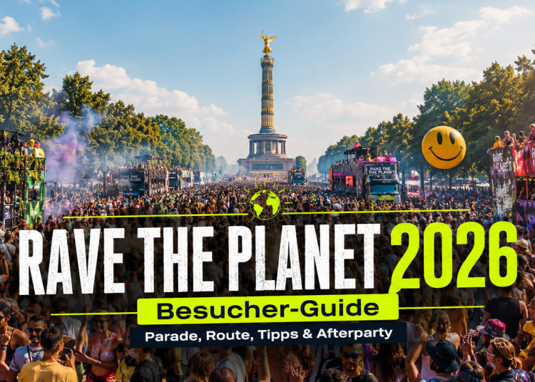 Rave The Planet Parade 2026 in Berlin auf der Straße des 17. Juni mit Floats, Techno, Raver-Crowd und Brandenburger Tor