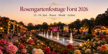 Rosengartenfesttage Forst 2026 im Ostdeutschen Rosengarten mit Rosenbeeten, Wasserspielen, Abendlichtern, Bühne und Feststimmung