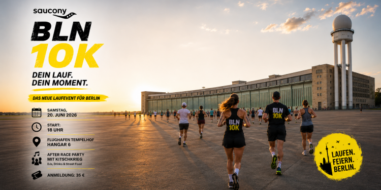 Läufer beim Saucony BLN 10K 2026 vor den Hangars des Flughafens Tempelhof
