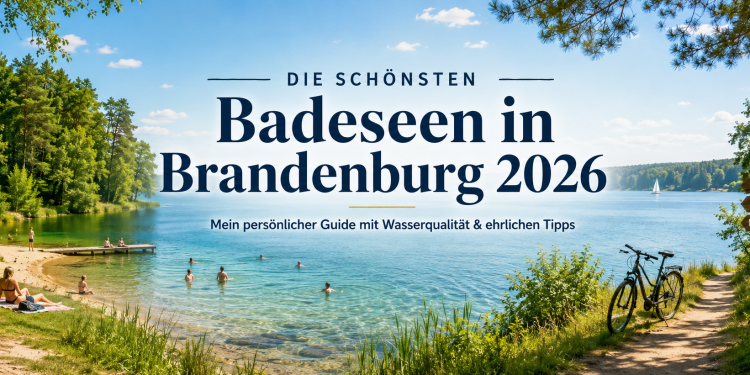 Klarer Badesee in Brandenburg mit bewaldetem Ufer, Badegästen, Sandstrand und Fahrrad am See
