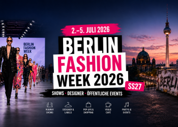 Berlin-Fashion-Week-Collage mit Laufsteg, Models, Fernsehturm und Berliner Skyline