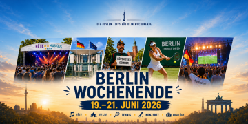 Collage zu den Berlin-Wochenendtipps mit Fête de la Musique, Kanzleramt, Köpenicker Sommer, Tennis und Public Viewing