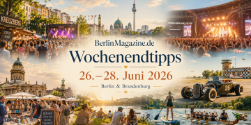 Collage der Berlin-Wochenendtipps vom 26. bis 28. Juni 2026 mit Festival, Konzert, Bücherfest, Wassersport und Oldtimer-Rennen