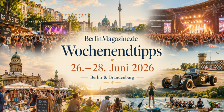 Collage der Berlin-Wochenendtipps vom 26. bis 28. Juni 2026 mit Festival, Konzert, Bücherfest, Wassersport und Oldtimer-Rennen