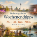 Collage der Berlin-Wochenendtipps vom 26. bis 28. Juni 2026 mit Festival, Konzert, Bücherfest, Wassersport und Oldtimer-Rennen