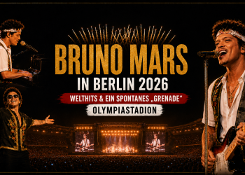 KI-generiertes Beitragsbild zum Bruno-Mars-Konzert 2026 im Berliner Olympiastadion mit Bühne, Feuerwerk und Publikum