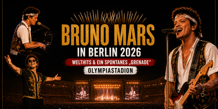 KI-generiertes Beitragsbild zum Bruno-Mars-Konzert 2026 im Berliner Olympiastadion mit Bühne, Feuerwerk und Publikum