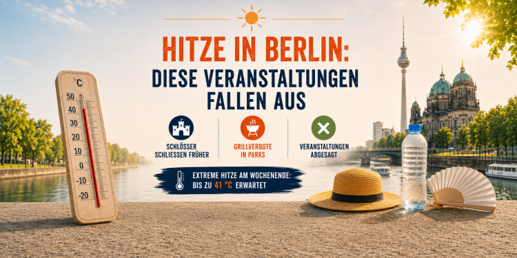 Hitze in Berlin mit Thermometer, Fernsehturm und Hinweisen auf abgesagte Veranstaltungen, frühere Schließungen und Grillverbote