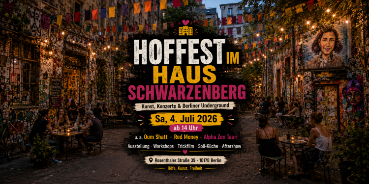 Bunt geschmückter Innenhof des Haus Schwarzenberg mit Street Art, Besuchern und Veranstaltungsplakat zum Hoffest 2026
