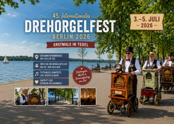 Internationales Drehorgelfest Berlin 2026 mit Drehorgelspielern auf der Greenwichpromenade am Tegeler See