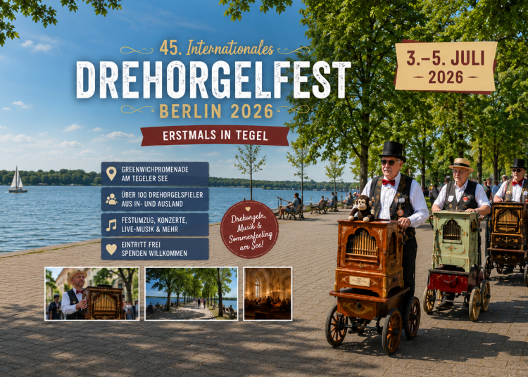 Internationales Drehorgelfest Berlin 2026 mit Drehorgelspielern auf der Greenwichpromenade am Tegeler See