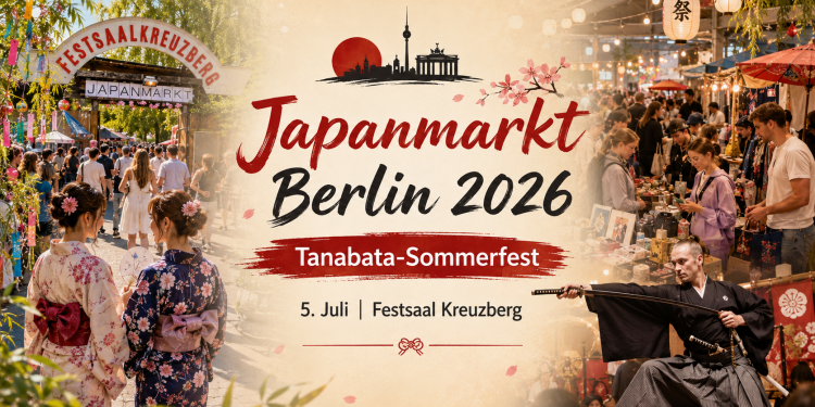 Japanmarkt Berlin im Juli 2026 mit Tanabata-Sommerfest, Yukata, Samurai, Marktständen und japanischer Kultur im Festsaal Kreuzberg