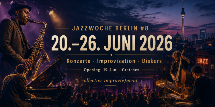 Jazzmusiker mit Saxofon, Klavier, Kontrabass und Schlagzeug vor der Berliner Skyline zur Jazzwoche Berlin 2026