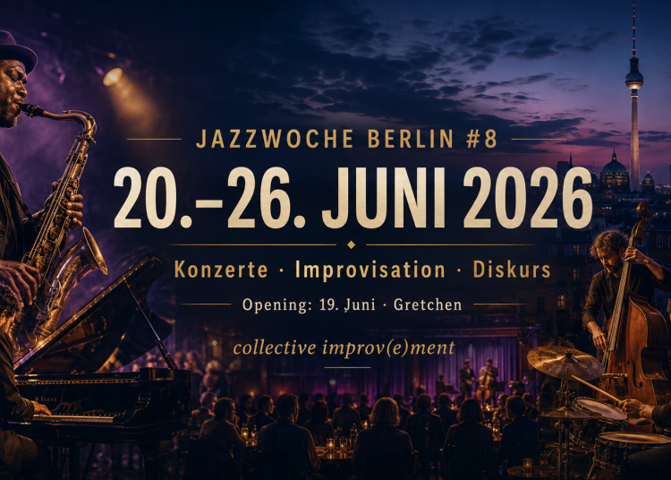 Jazzmusiker mit Saxofon, Klavier, Kontrabass und Schlagzeug vor der Berliner Skyline zur Jazzwoche Berlin 2026