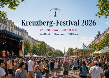 Kreuzberg-Festival 2026 mit großer Open-Air-Bühne, Streetfood-Ständen und vielen Besuchern in der Kreuzbergstraße