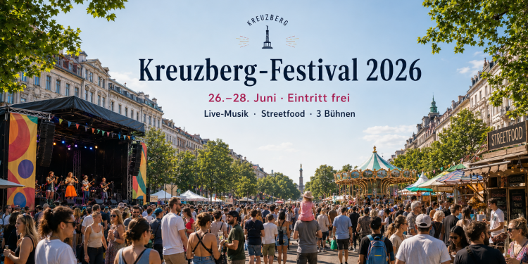Kreuzberg-Festival 2026 mit großer Open-Air-Bühne, Streetfood-Ständen und vielen Besuchern in der Kreuzbergstraße