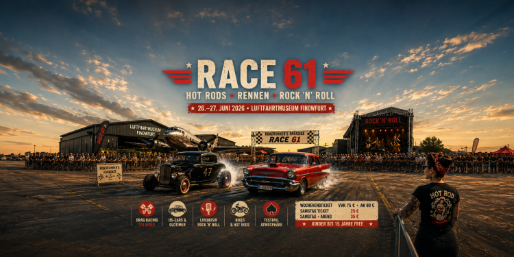 Hot Rods und historische US-Cars beim Race 61 Finowfurt 2026 vor Flugzeugen und einer Rock-’n’-Roll-Bühne im Luftfahrtmuseum