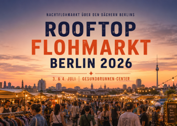 Rooftop Flohmarkt Berlin 2026 auf dem Parkdeck des Gesundbrunnen-Centers mit Ständen, Besuchern und Berliner Skyline bei Sonnenuntergang