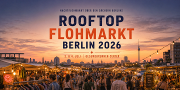 Rooftop Flohmarkt Berlin 2026 auf dem Parkdeck des Gesundbrunnen-Centers mit Ständen, Besuchern und Berliner Skyline bei Sonnenuntergang