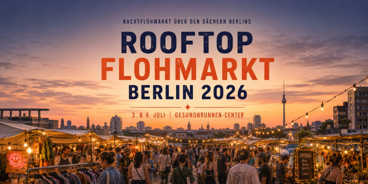 Rooftop Flohmarkt Berlin 2026 auf dem Parkdeck des Gesundbrunnen-Centers mit Ständen, Besuchern und Berliner Skyline bei Sonnenuntergang