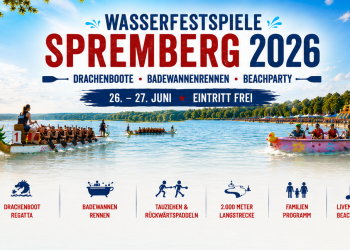 Drachenboote und ein Badewannenrennboot bei den Wasserfestspielen Spremberg 2026 an der Talsperre