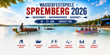 Drachenboote und ein Badewannenrennboot bei den Wasserfestspielen Spremberg 2026 an der Talsperre