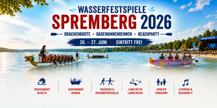Drachenboote und ein Badewannenrennboot bei den Wasserfestspielen Spremberg 2026 an der Talsperre